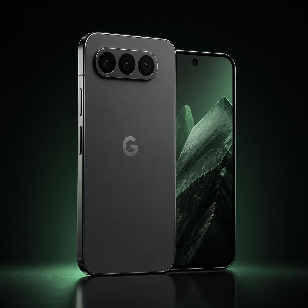 Google Pixel 10 in Obsidian, back with a full-width camera bar, two lenses and flash