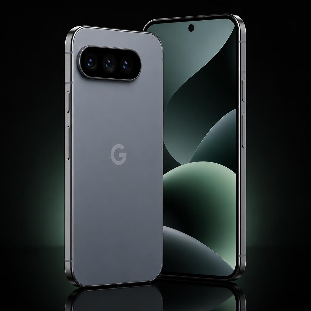 Google Pixel 10 Pro in Moonstone, back with a full-width camera bar, three lenses and flash