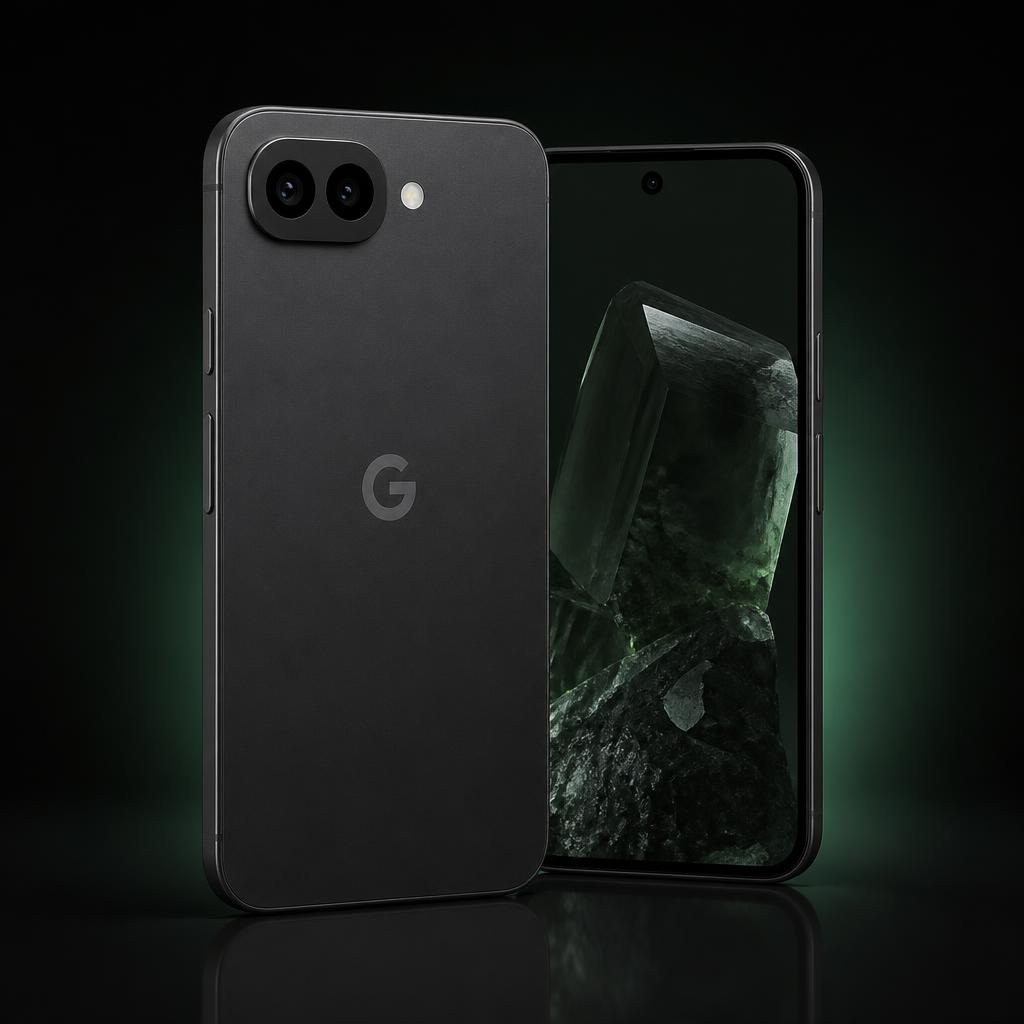 Google Pixel 10a in Obsidian, flat back with a small pill-shaped camera island with two lenses