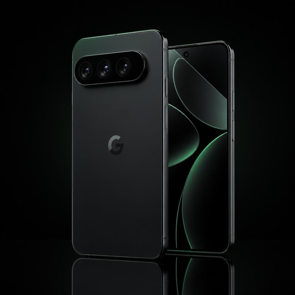 Google Pixel 10 Pro XL in Obsidian, larger body, back with a full-width camera bar, three lenses and flash