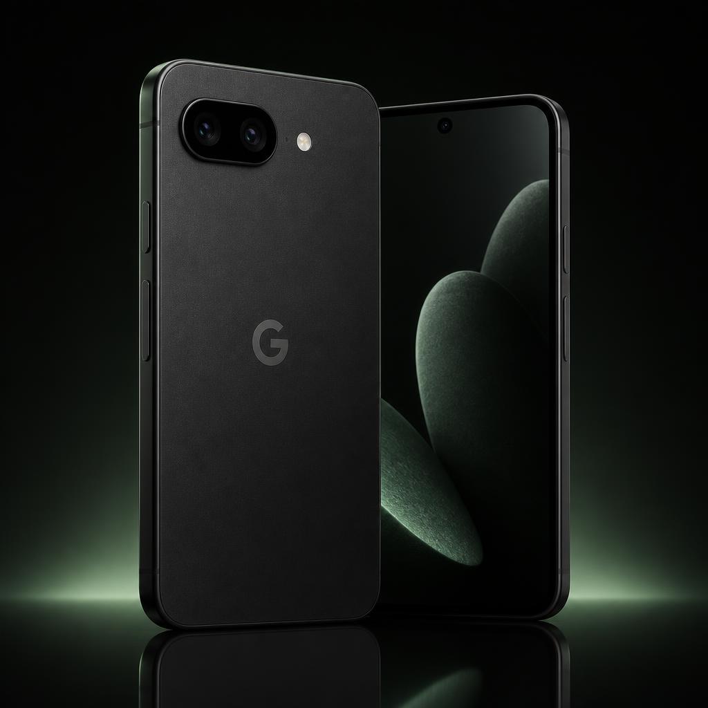 Google Pixel 9a in Obsidian, flat back with a small pill-shaped camera island with two lenses